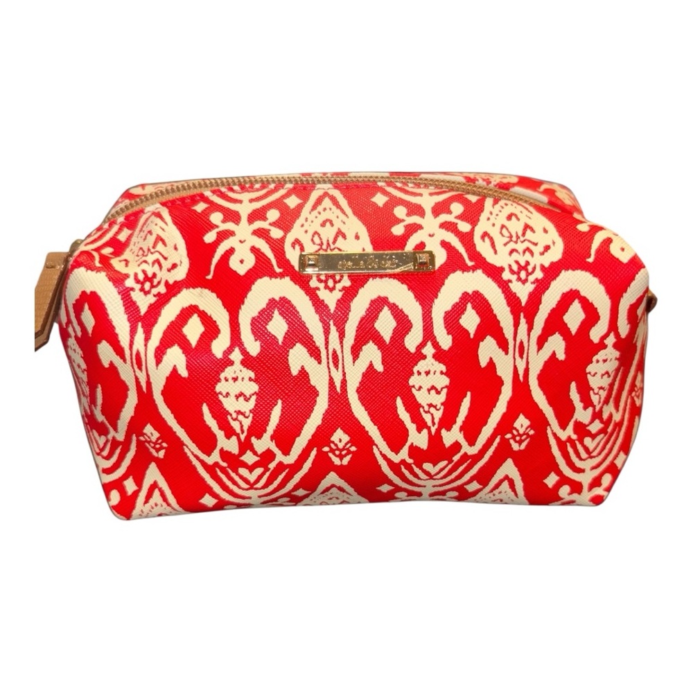 Stella & Dot Red Ikat Print Coated Canvas Cosmetic Bag NWOT  Zip Top BP4